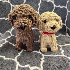 Handmade 2 crocheted Brown and Beige Poodles
